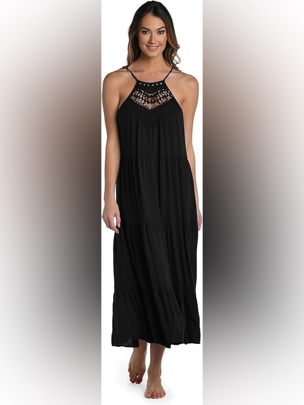 La Blanca Navy Crochet Halter Maxi Dress xs